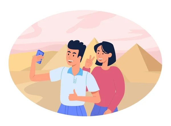 Tourisme Pyramides Concept Homme Femme Prennent Selfie Sur Fond Fossiles — Image vectorielle
