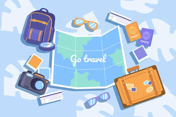 Idź Podróżować Mapa Plecak Okulary Walizka Turystyka Podróże Wycieczki Wakacje — Wektor stockowy