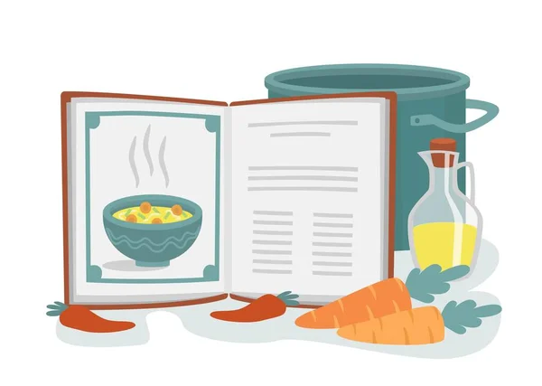 Conceito Livro Receitas Lista Ingredientes Para Cozinhar Sopa Legumes Cenoura — Vetor de Stock