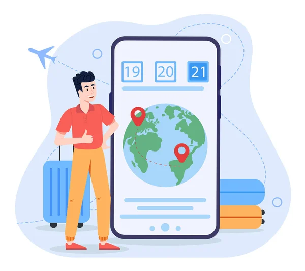 Stock vector Airline booking concept. Man stands near screen of smartphone and multicolored suitcases. Travel and tourism, flight. Hopliday and vacation in other country. Cartoon flat vector illustration