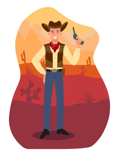 Cowboy Gun Man Jeans Hat Stands Revolver Background Desert Sunset — Stock Vector