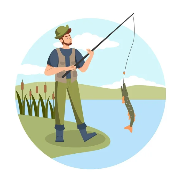 Pescador Com Peixe Homem Uniforme Com Vara Pesca Fica Costa —  Vetores de Stock