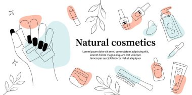 Doğal kozmetik afişi. El cila, krem ve jöle. Cilt bakımı, güzellik ve estetik. İniş sayfası tasarımı. Makyaj malzemeleri, ekolojik ürünler. Doğrusal düz vektör çizimi