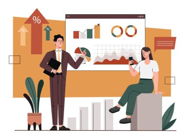 Dosyaları olan kadın ve erkek. Analistlerden ve girişimcilerden oluşan bir ekip pazar araştırması yürütüyor. Planlama, hedef belirleme, strateji. Bilgi grafikleri ve veri görselleştirmesi. Çizgi film düz vektör çizimi