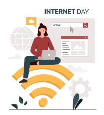 İnternet günü konsepti. Dizüstü bilgisayarı olan kadın kablosuz internet ikonunun üzerine oturup bilgi arıyor. Sunucu, makine ve etki alanına kablosuz bağlantı. Uluslararası tatil ya da festival. Çizgi film düz vektör çizimi