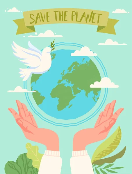 Earth Day Banner Hands Hold Planet Next Dove Symbol Peace — Stock Vector