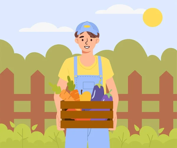 Αγόρι Δουλεύει Στη Φάρμα Νεαρός Λαχανικά Στο Φόντο Του Φράχτη — Διανυσματικό Αρχείο