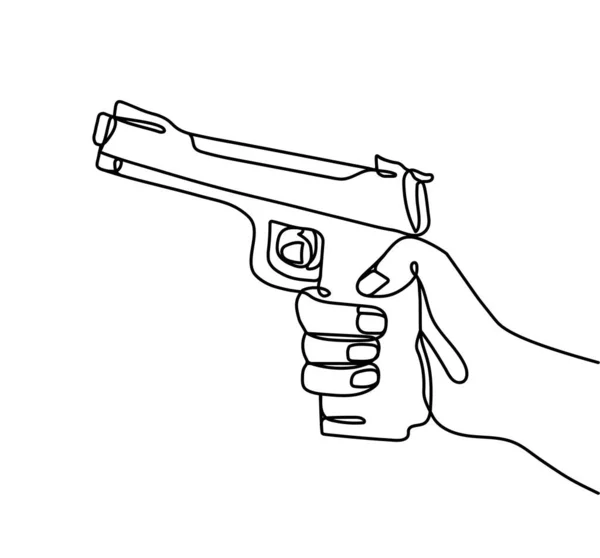 銃を持ったラインハンド 武器を持っているキャラクター 最小限のポスターやバナー 軍事ミニマリズム 犯罪者 白い背景に隔離された線形平らなベクトル図 — ストックベクタ