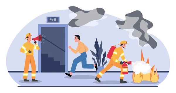 火警概念 身穿消防队员制服的人扑灭了建筑物中的火 紧急和灾难在办公室 紧急疏散 威胁生命的情况 卡通平面矢量插图 — 图库矢量图片
