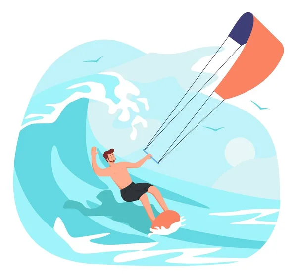 Begrip Kitesurfen Man Aan Boord Met Parachute Rijdt Golven Actieve — Stockvector