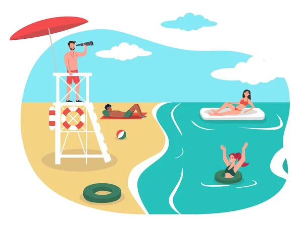 Plavčík Pláži Muž Dalekohledem Stojí Věži Dívá Jak Odpočívá Letní — Stockový vektor