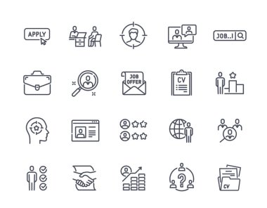 Kafa avlama seti. Röportajı, çalışan araması, kariyeri ve işe alımı olan ikonlar. Özgeçmişli basit çıkartmalar ve sanat eseri adayı. Beyaz arkaplanda izole edilmiş doğrusal düz vektör koleksiyonu