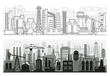 Sanayi fabrikaları siluet seti. Bitmek bilmeyen imalat, elektrik santralleri, petrol kuleleri ve gaz çıkarma alanları. Bina kompleksi olan bir arka plan. Doğrusal düz vektör çizimleri