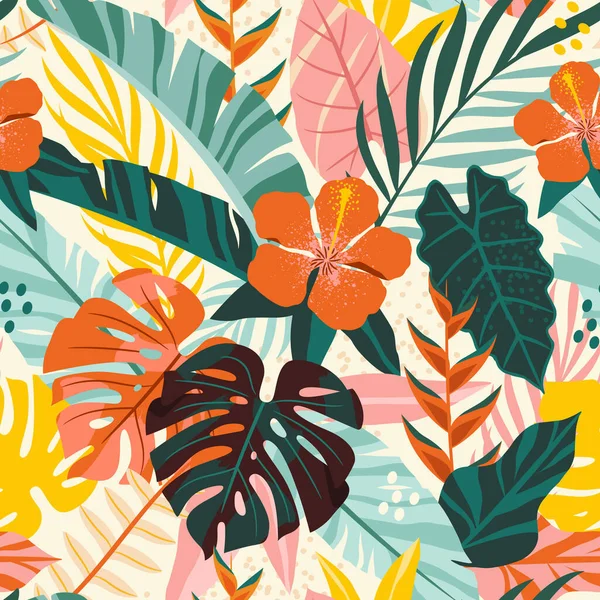 Nahtlose Exotische Muster Farbige Tropische Blumen Und Pflanzen Für Tapeten — Stockvektor