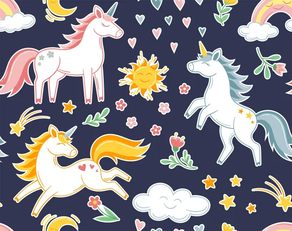 Unicorn Seamless Pattern Fairytale Animal Horn Rainbow Mane Template Cute — Stock Vector