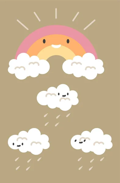 波希米亚幼儿园海报 雨天彩虹真可爱 带云彩的横幅 供婴儿房用 以云的形式出现的友善人物 淡淡的色彩 卡通平面矢量插图 — 图库矢量图片