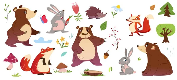 Bonito Conjunto Animais Florestais Ursos Engraçados Raposas Ouriços Lebres Bosques —  Vetores de Stock