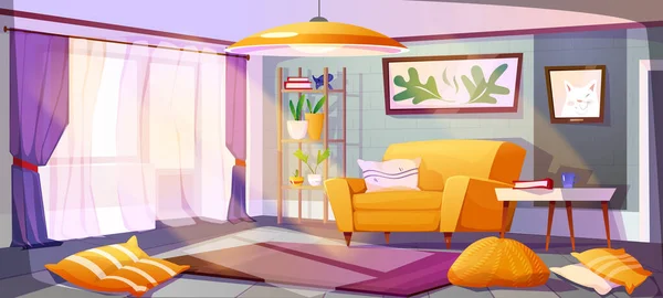 Salon Intérieur Confortable Appartement Coloré Avec Canapé Peintures Murales Tapis — Image vectorielle