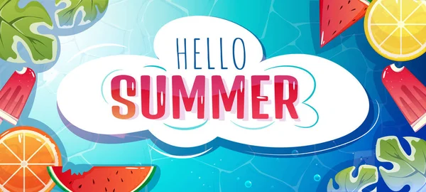 夏季布局海报 用于广告和网站的水平传单 五彩斑斓的横幅 上有水果和游泳池 海滩季节和旅行的概念 卡通平面矢量插图 — 图库矢量图片