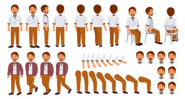Character for animation. Man creation set with various emotions, poses, gestures and body parts. Father sits, stands and shows grimaces. Cartoon flat vector collection isolated on white background clipart
