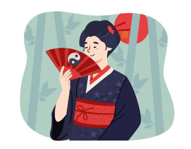 Hayran konseptiyle ormanda geyşa. Bambu arka planında geleneksel Ashiya kostümlü güzel bir genç kız. Japonya kültürü ve gelenekleri, etnik köken. Çizgi film düz vektör çizimi