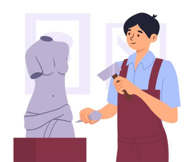 İnsan heykel konsepti yapar. Stüdyoda ekipmanı, iş yerinde karakteri olan genç bir adam. Galeri ya da müze için sanat eseri, sergi. Yaratıcılık ve sanat. Çizgi film düz vektör çizimi