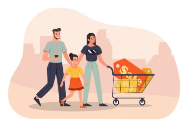 Araba konseptinde indirim olan bir aile. Alışveriş, ticaret, pazarlama ve reklam. Çocuklu bir adam ve kadın alışveriş merkezinden geçiyor. Alıcılar ve müşteriler. Çizgi film düz vektör çizimi