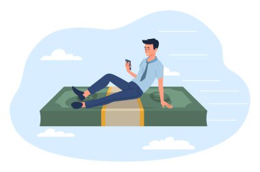 Ekonomik bağımsız adam konsepti. Akıllı telefonu olan genç adam dolar banknotlarının üzerine oturur. Finansal okuryazarlık ve pasif gelir. Zengin ve başarılı bir girişimci. Çizgi film düz vektör çizimi
