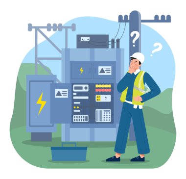 Elektrik paneli konseptini tamir eden bir elektrikçi. Üniformalı ve koruyucu beyaz kasklı bir adam elektrik ve voltajı tamir ediyor. Evde ve bölgede enerji ve güç var. Çizgi film düz vektör çizimi