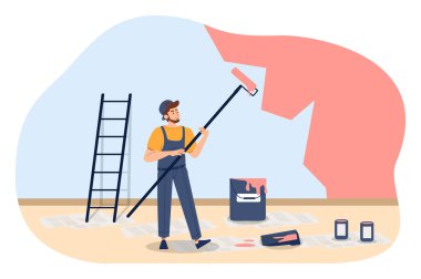 İş yeri konseptinde erkek ressam. Tekerlekli sandalyesi ve kova boyası olan üniformalı bir adam. Yenileme ve onarım. Patenli fırça ve boya kutularıyla dekorasyon işi. Çizgi film düz vektör çizimi
