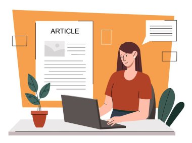 Kadın online makale konsepti yazıyor. Metin yazarı ve serbest yazar internetten para kazanıyor. Genç kız web sitesi ve web sayfası için ilginç içerikler yaratacak. Çizgi film düz vektör çizimi