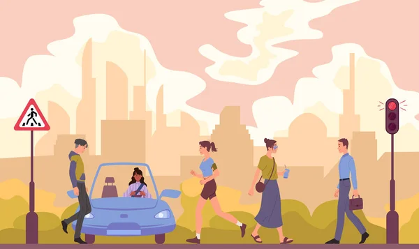 Nsanlar Yaya Geçidinde Yürüyor Erkekler Kadınlar Yaya Geçidinde Trafik Işıklarına — Stok Vektör