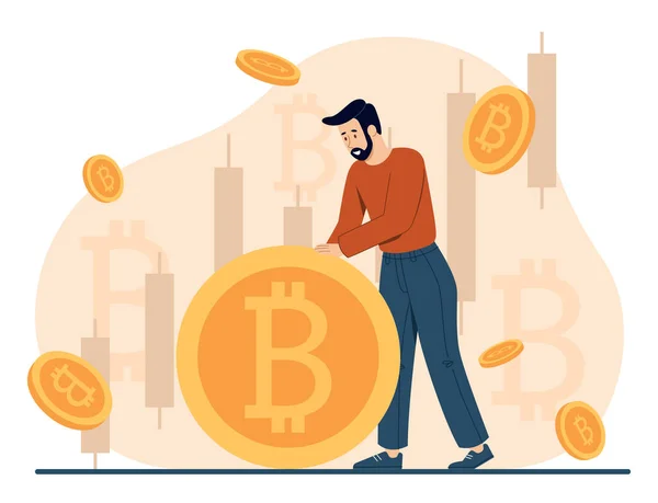 Egy Ember Bitcoin Koncepcióval Fiatal Fickó Kriptovalutával Blockchain Technológiával Pénzügyi — Stock Vector