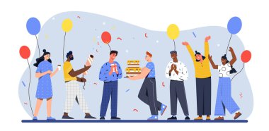 Doğum günü partisi konseptindeki insanlar. Balonlu ve pastalı erkekler ve kadınlar. Tatil ve festival. Tebrik ve davetiye kartpostalları için tasarım ögesi. Çizgi film düz vektör çizimi