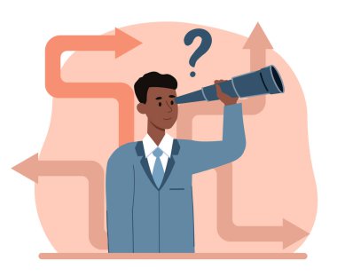 İnsan doğru yolu seçer. Teleskoplu genç bir adam. Planlama ve hedefler belirleme, gelecek için strateji ve vizyon geliştirme. Liderlik ve motivasyon. Çizgi film düz vektör çizimi