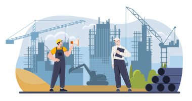 İnşaat alanında üniformalı adamlar. Koruyucu miğferli işçiler yeni bir bina inşa ediyorlar. Mühendislik ve şehir mimarisi. İnşaatçı ve mühendis. Çizgi film düz vektör çizimi