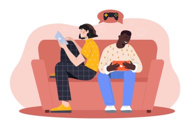 Çiftler mobil oyun konsepti oynar. Kanepede akıllı telefon ve tabletle oturan kadın ve erkek. Sosyal ağlar ve teknolojiler. Uygulamalar, program, oyun salonu. Çizgi film düz vektör çizimi