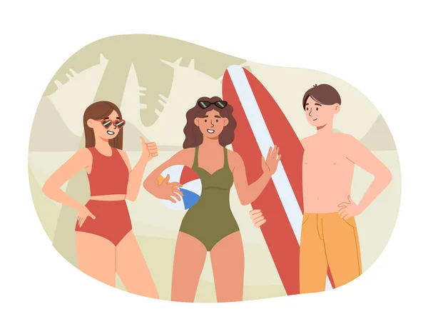 Die Leute Entspannen Sich Strand Frauen Badeanzügen Und Männer Mit — Stockvektor