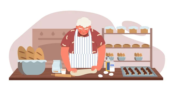 ベイカーマンは製品コンセプトを用意しています エプロンのヤングは 生地と卵でキッチンにいる 小規模ビジネス カフェ ケータリング ローブとバゲット 床製品 漫画フラットベクターイラスト — ストックベクタ