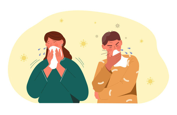 Man and woman with cold concept. Young boy and girl blowing their noses in white handkerchiefs. Colds and sickness, fever, flu. People with illness and disease. Cartoon flat vector illustration