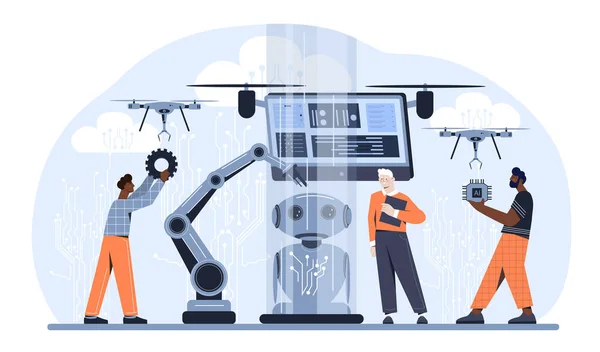 Άνθρωποι Επιστημονική Μηχανική Αντίληψη Άντρες Αναπτύσσουν Ρομπότ Αυτοματοποίηση Παραγωγής Τεχνητή — Διανυσματικό Αρχείο