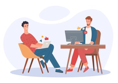 İş yeri konseptinde mutlu iş adamları. Erkekler ortak projede birlikte çalışırlar. Çalışanlar ve meslektaşlar. İşbirliği ve işbirliği, ortaklık. Çizgi film düz vektör çizimi