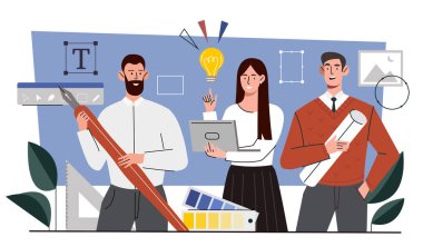 Tasarım topluluğu ve takım konsepti. Palet, silgi ve kalem kullanan kadın ve erkekler. Karakterler web sitesi için grafik öğeler geliştirir. Mobil programların ve uygulamaların arayüzü. Çizgi film düz vektör çizimi