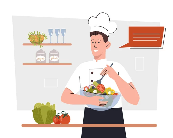 野菜のコンセプトからサラダを調理するシェフ ガラスプレートとスプーンでキッチンに立っている男 有機製品について 健康的な食事とベジタリアンダイエット 漫画フラットベクターイラスト — ストックベクタ