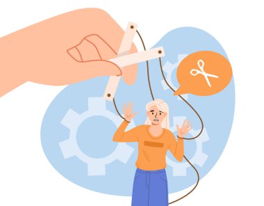 Kadını ip konseptinde manipüle etti. Manipülasyonlar ve psikolojik taciz. Toksik ilişkiler ve iş. Akıl sağlığı ve psikolojik sorunlar. Çizgi film düz vektör çizimi