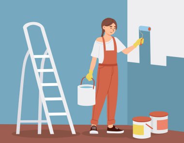 Kadın duvar konseptini boyuyor. Kovalı ve fırçalı genç kız merdivenlerin yanında duruyor. Yenileme ve onarım, iç tasarım. İşyerindeki boyacı yenileme odasında. Çizgi film düz vektör çizimi