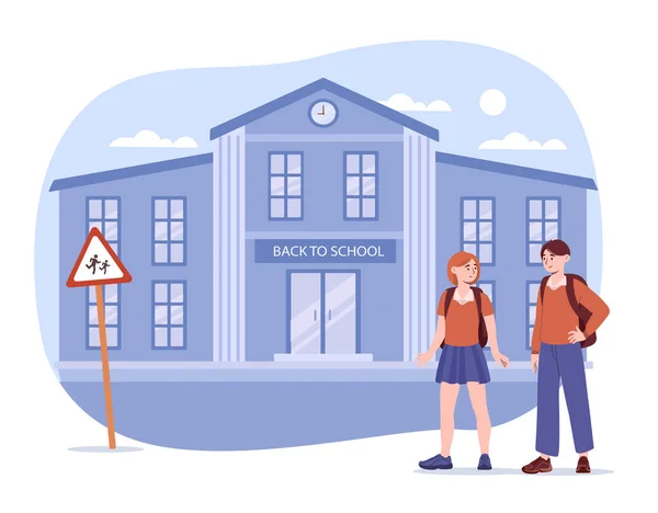 孩子们回到学校的概念 年轻的男孩和女孩背着背包站在学校 学院或大学的大楼附近 学习和培训 卡通平面矢量插图 — 图库矢量图片