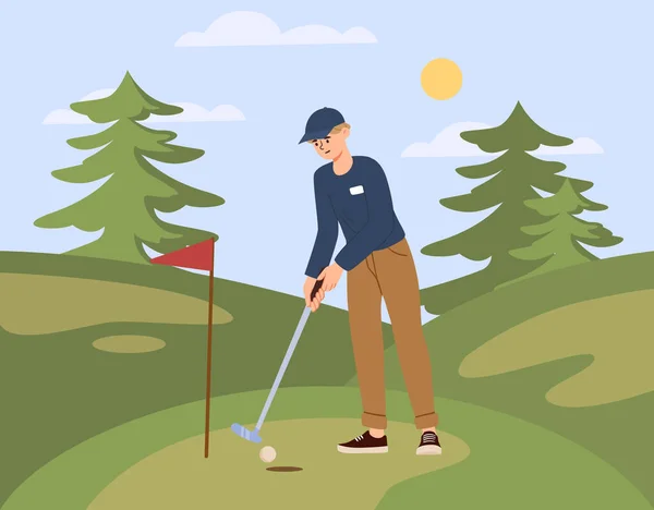 Man Play Golf Outdoor Guy Stands Stick Hill Backdrop Trees — Stock Vector