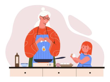 Büyükannem ve torunum mutfakta. Mutfakta küçük yardımcısı olan yaşlı bir kadın. Aile öğle yemeği ya da kahvaltı hazırlıyor, çırpılmış yumurta. Anne, baba ve çocuklu yemek. Çizgi film düz vektör çizimi