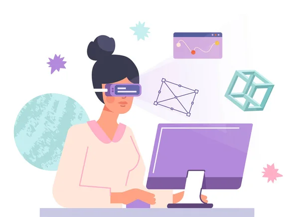 在计算机前戴眼镜的女人 在虚拟现实中的小女孩 网络空间和元空间 游戏和娱乐 幻想和想象 卡通平面矢量插图 — 图库矢量图片